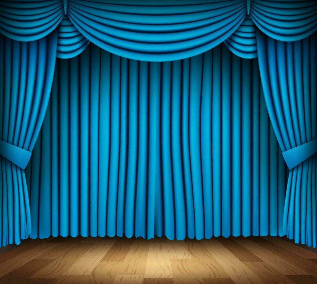 Blue Curtain of Classical Theater with Wood Floor, Vector Illustration