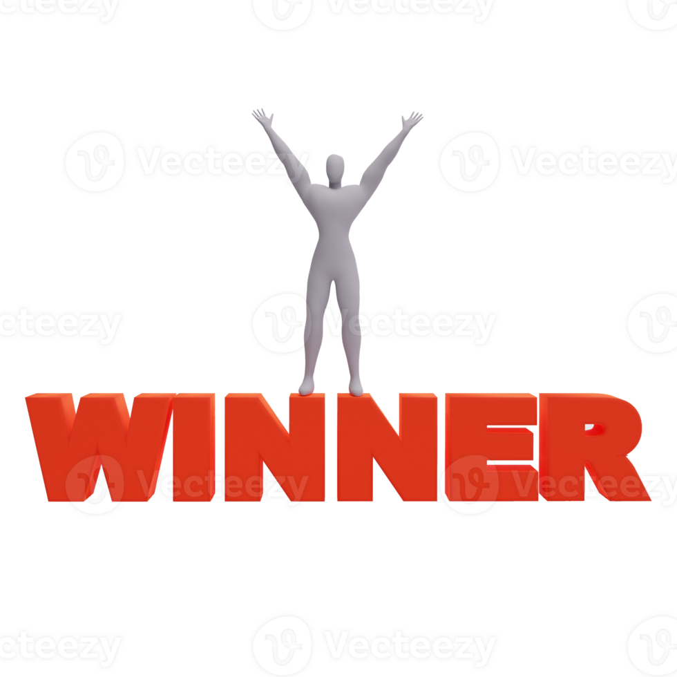 3d illustration of success person standing on the word winner. 3d rendering of human people character, suitable for presentation. png