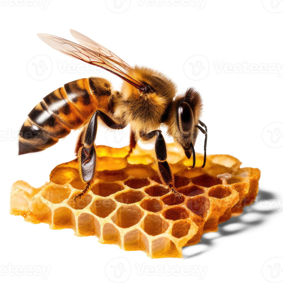 Honey bee in honeycomb on transparent background. bee walking on honey comb, background cutout, generative ai png