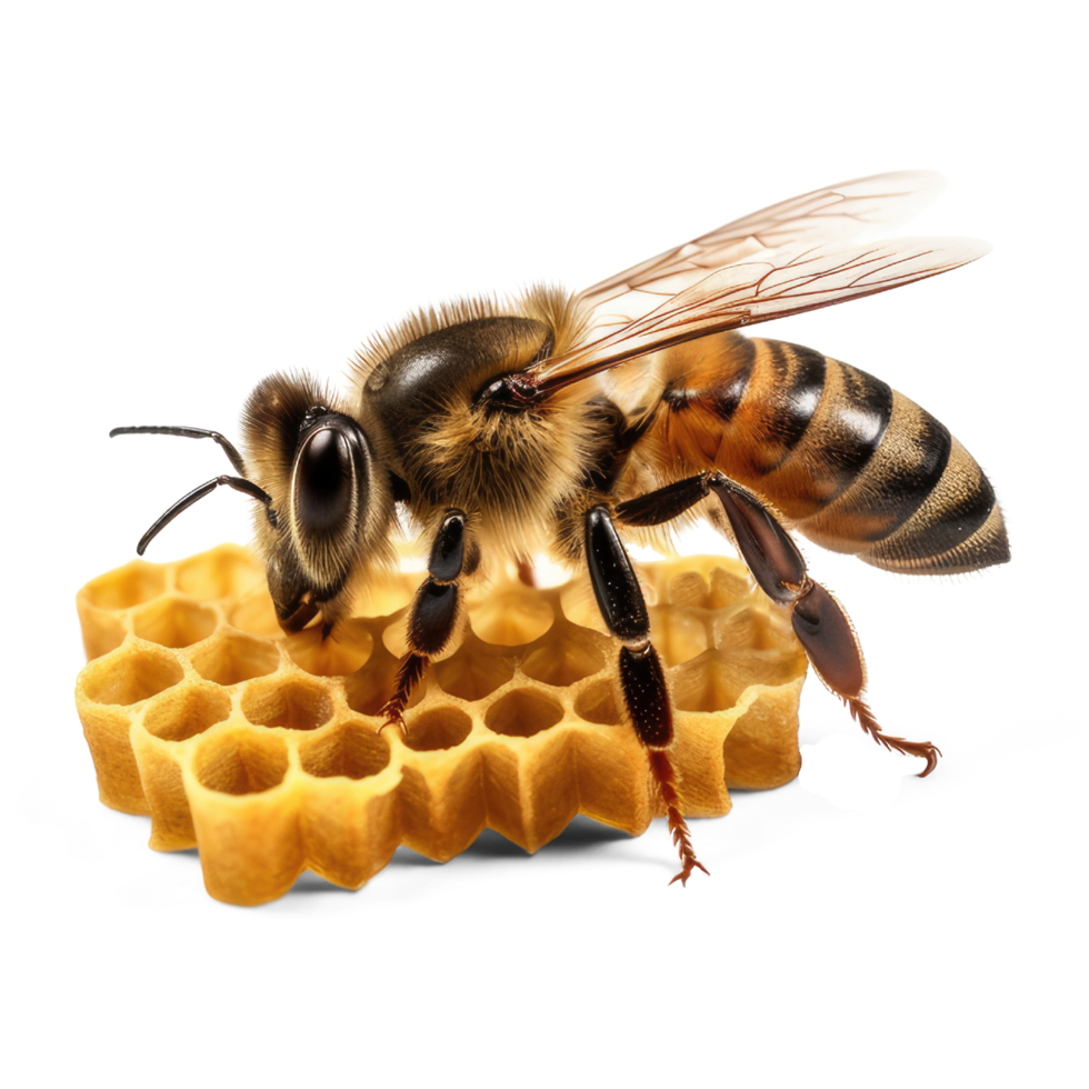 Honey bee in honeycomb on transparent background. bee walking on honey comb, background cutout, generative ai png