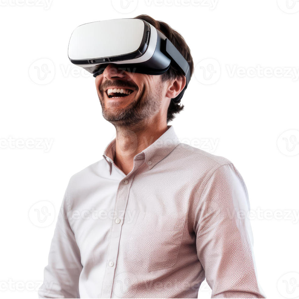 Mens vervelend een vr hoofdtelefoon. vr virtueel realiteit koptelefoon stofbril versleten door bedrijf Mens 3d geïsoleerd Aan transparant achtergrond. generatief ai png