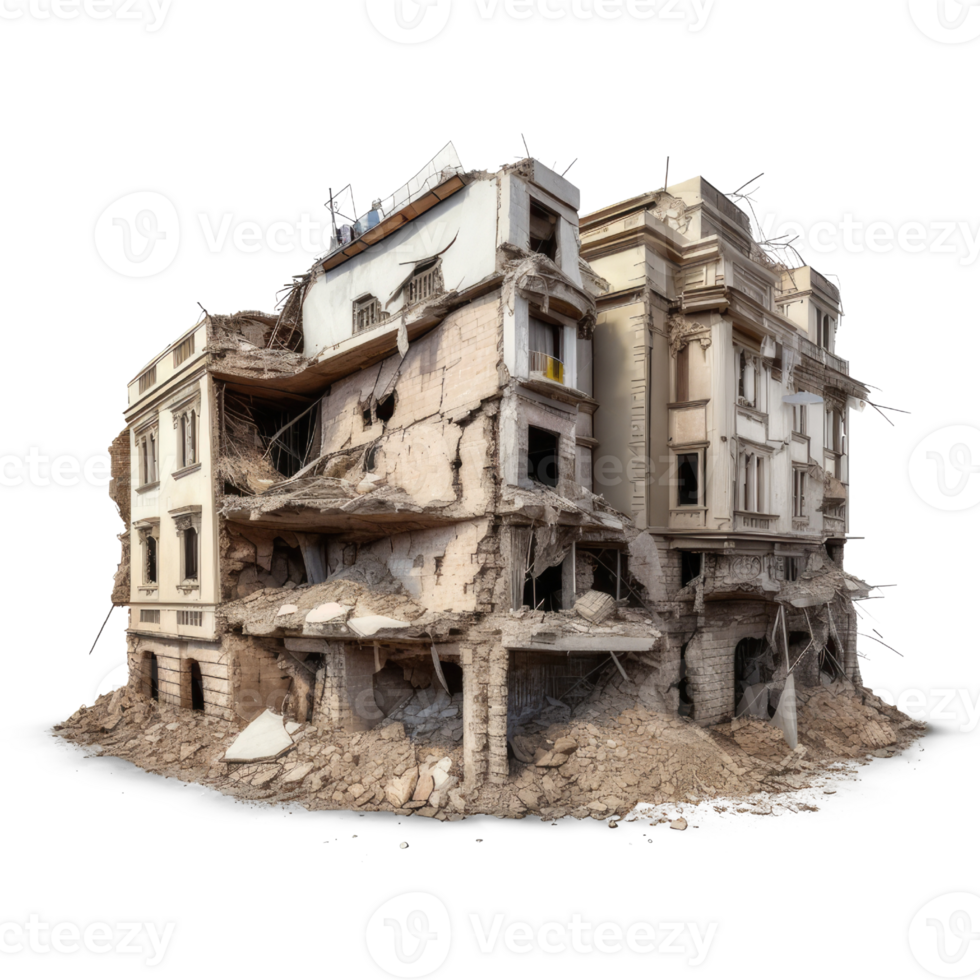Destroyed building after earthquake isolated on transparent background - Demolished building. png