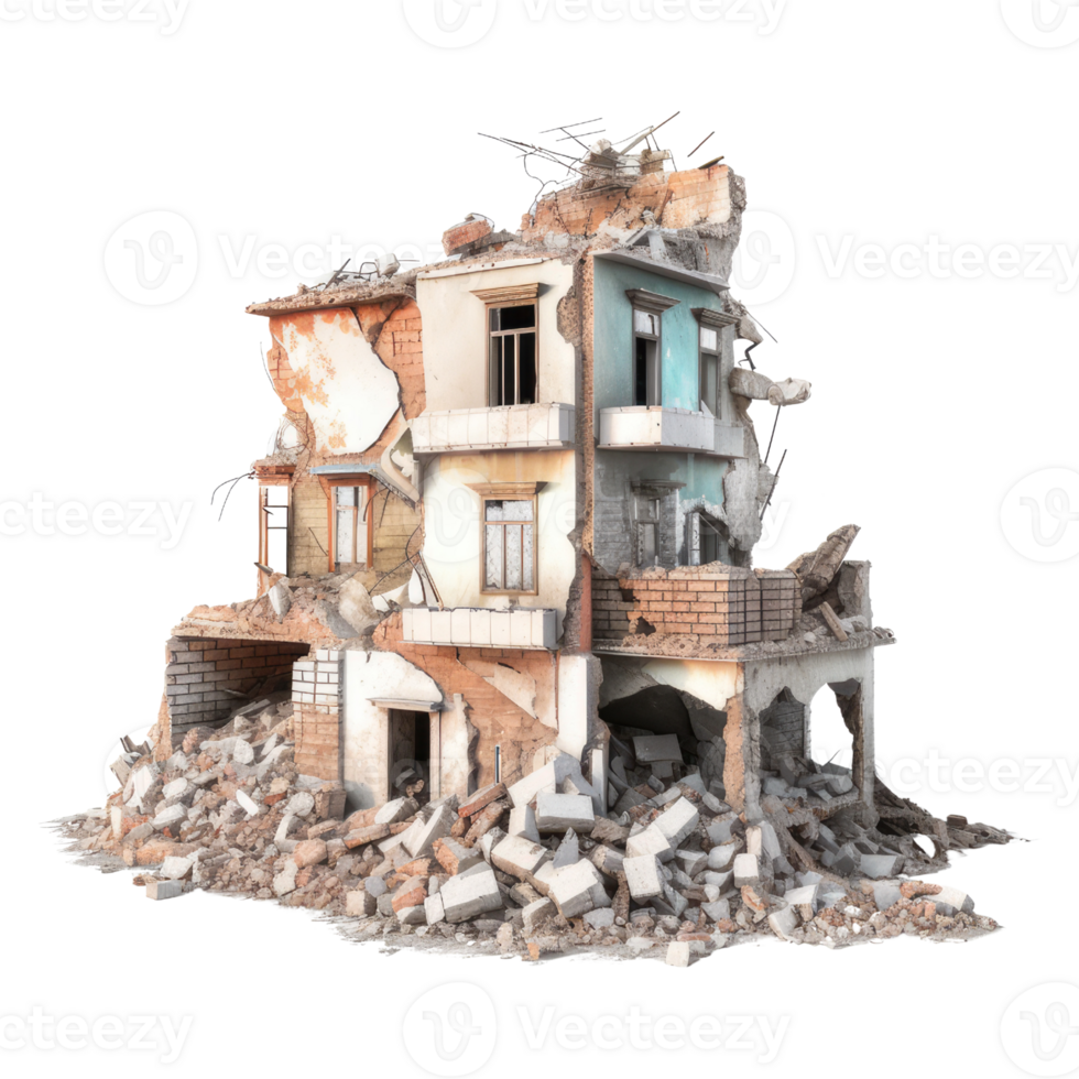 Destroyed building after earthquake isolated on transparent background - Demolished building. png