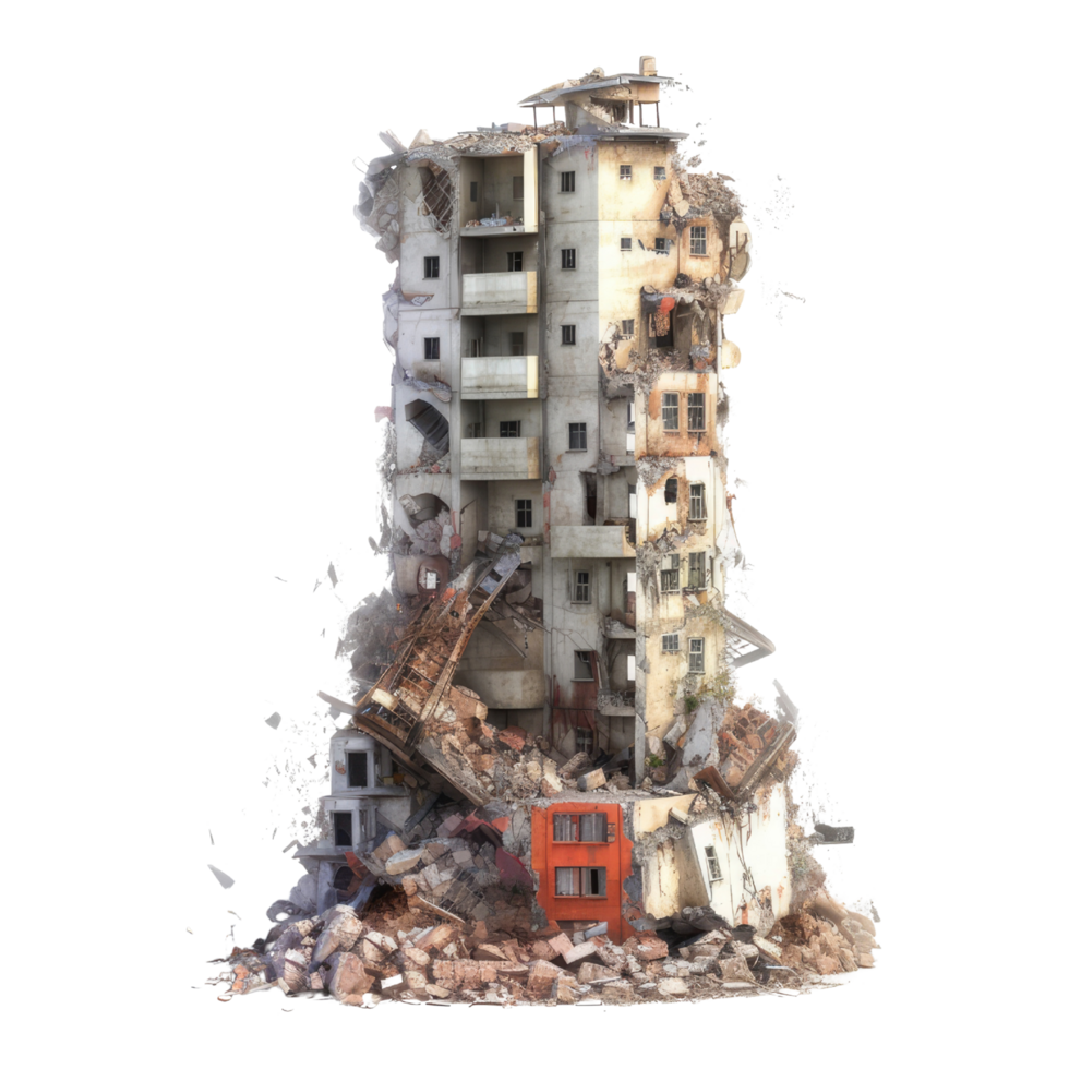 Destroyed skyscraper after earthquake isolated on transparent background - collapsed building with debris png