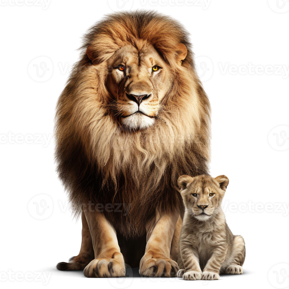 Majestic Male Lion Protectively Embracing Playful Cub, Isolated on Transparent Background. Powerful Lion Bond png