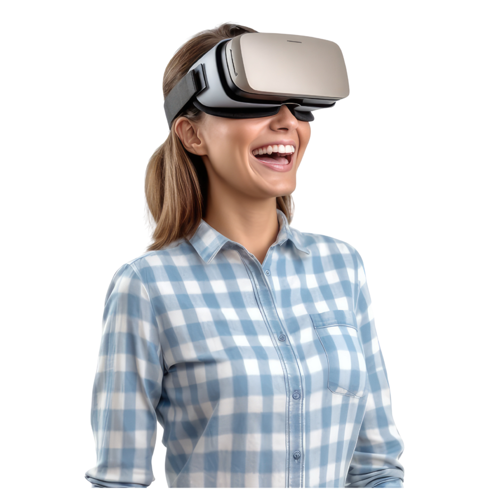 Woman Wearing a VR Headset. VR virtual reality headset goggles worn by woman 3D isolated on transparent background. png