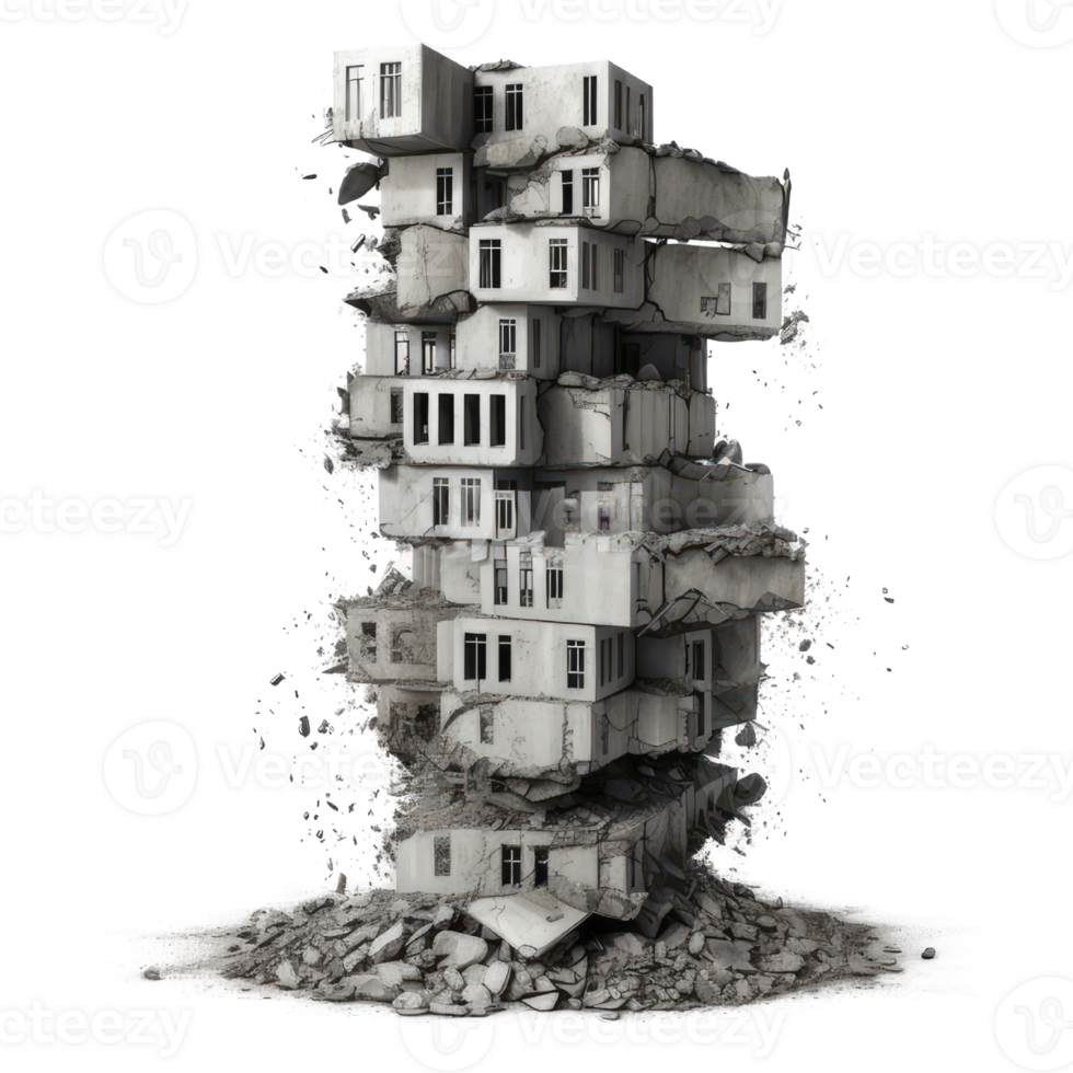 Destroyed skyscraper after earthquake isolated on transparent background - collapsed building with debris png