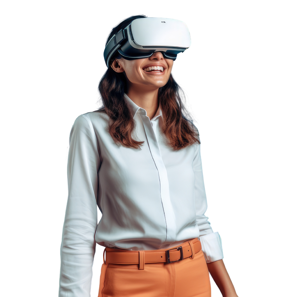 kvinna bär en vr headset. vr virtuell verklighet headsetet glasögon bärs förbi kvinna 3d isolerat på transparent bakgrund. generativ ai png