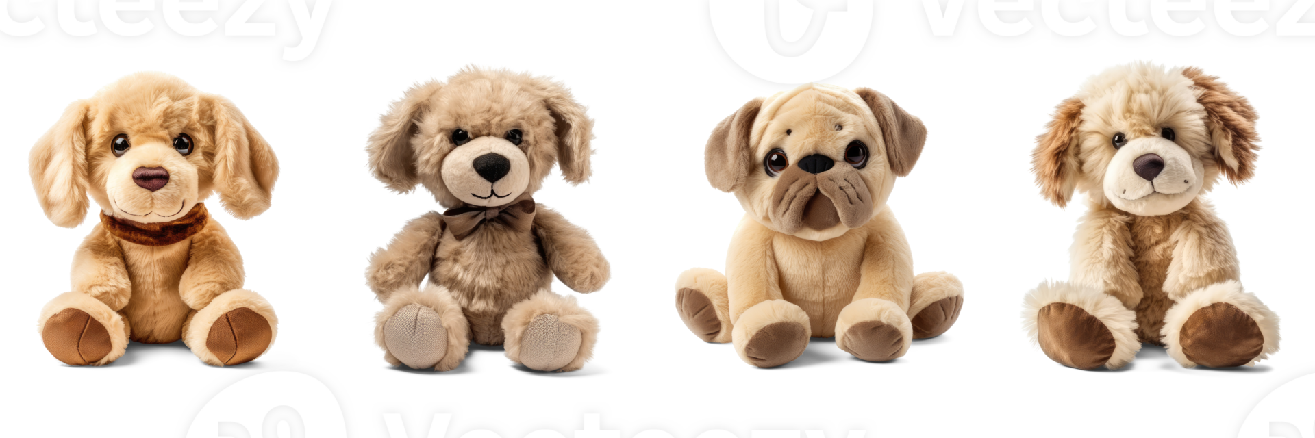 Stuffed dog toys set isolated on transparent background. Fluffy soft puppy toys png