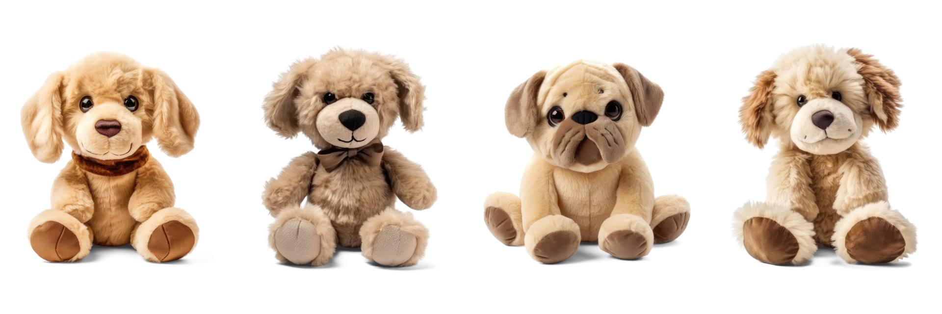 Stuffed dog toys set isolated on transparent background. Fluffy soft