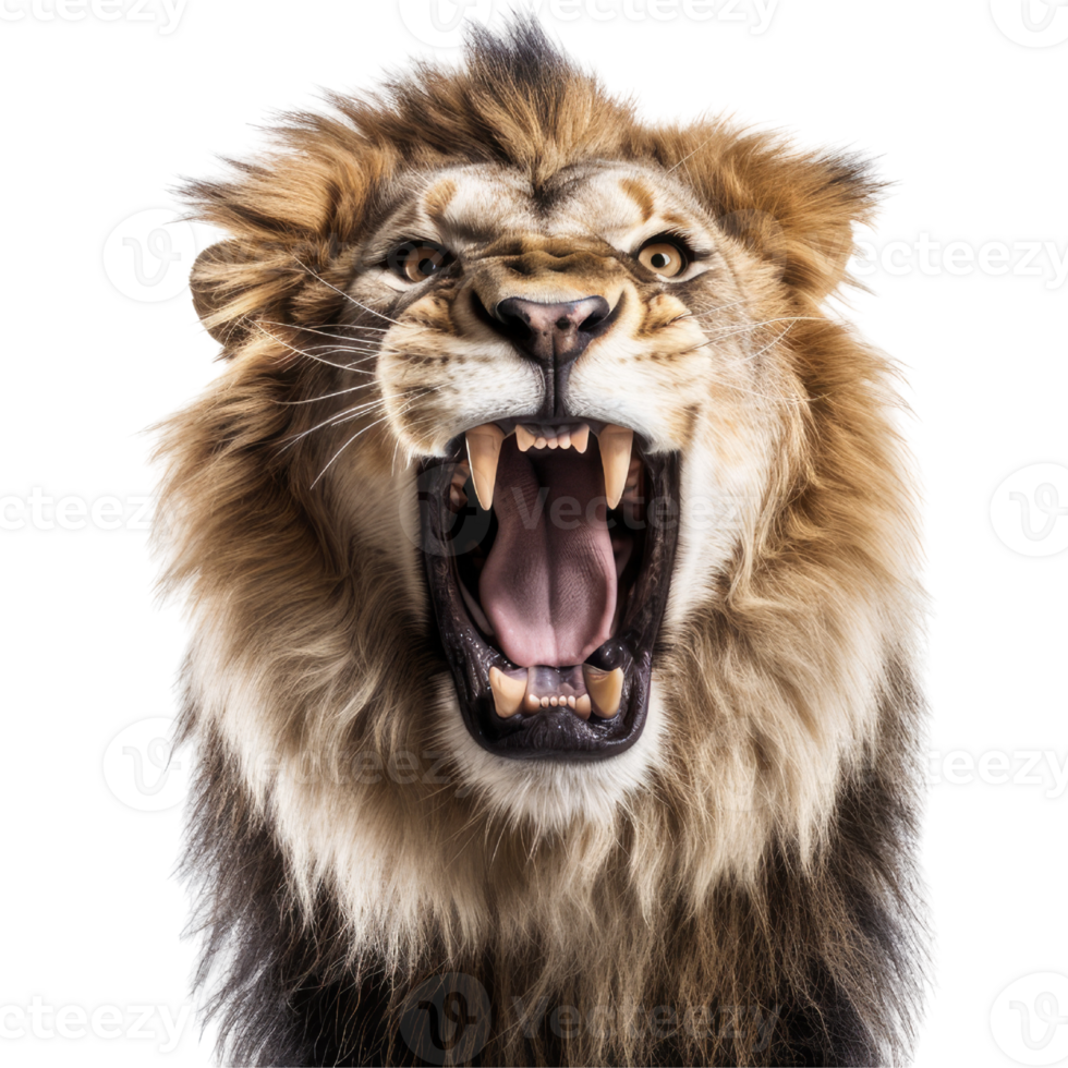 A male lion is roaring, isolated on a transparent background. powerful strong lion roar png