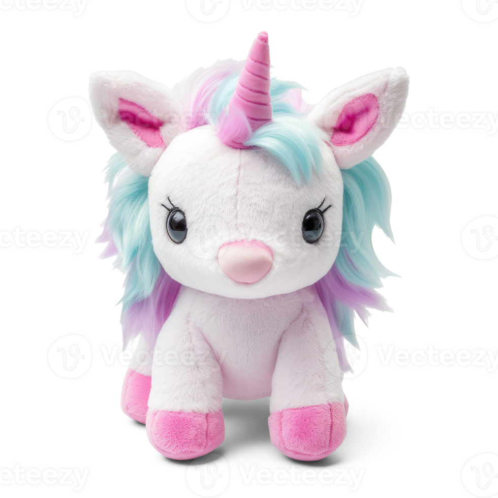 Stuffed unicorn toy isolated on transparent background. Fluffy soft cute unicorn toy png