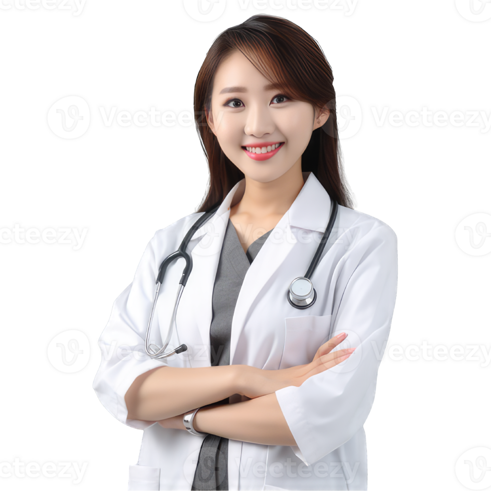 Asian young woman doctor with stethoscope in uniform smiling isolated on transparent , medical concept png