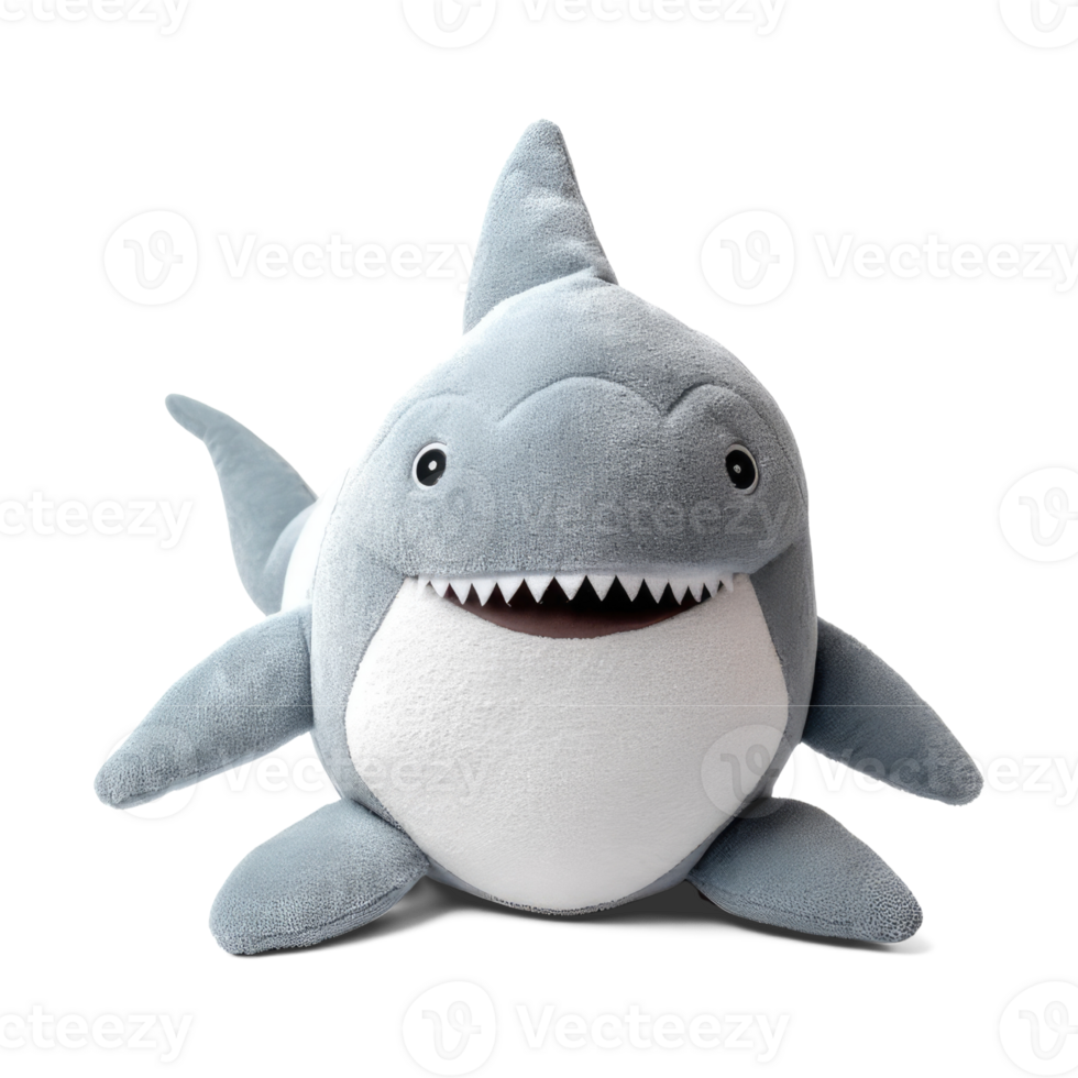 Stuffed shark toy isolated on transparent background. Fluffy soft shark fish toy png