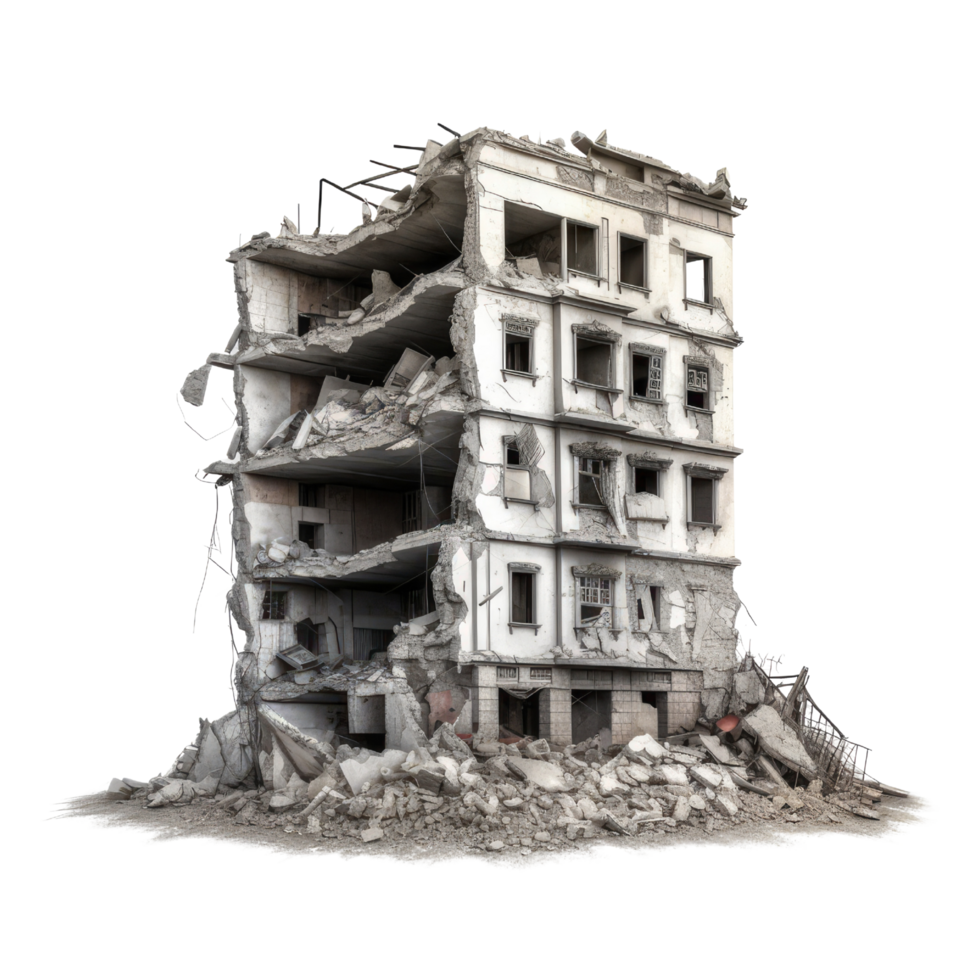zerstört Gebäude nach Erdbeben isoliert auf transparent Hintergrund - - generativ ai zerstört Gebäude. png