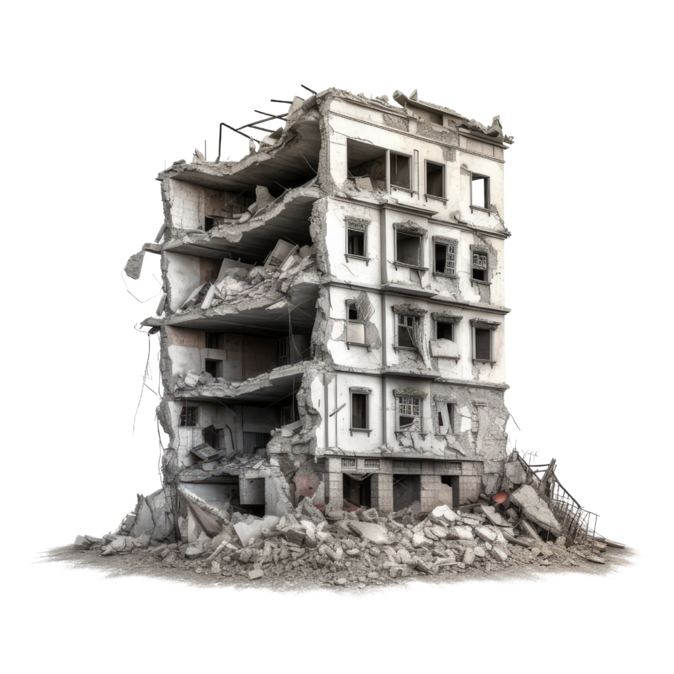 Destroyed building after earthquake isolated on transparent background - Demolished building. png