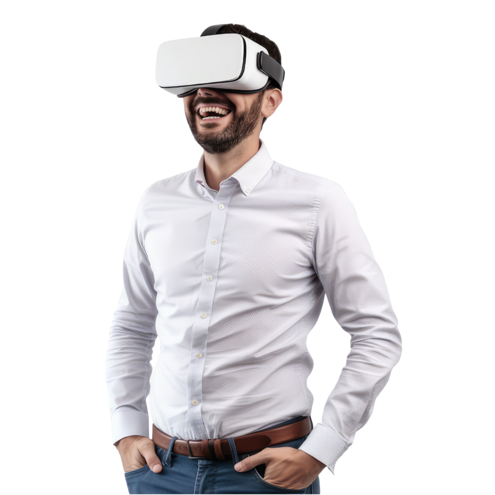 Mens vervelend een vr hoofdtelefoon. vr virtueel realiteit koptelefoon stofbril versleten door bedrijf Mens 3d geïsoleerd Aan transparant achtergrond. generatief ai png