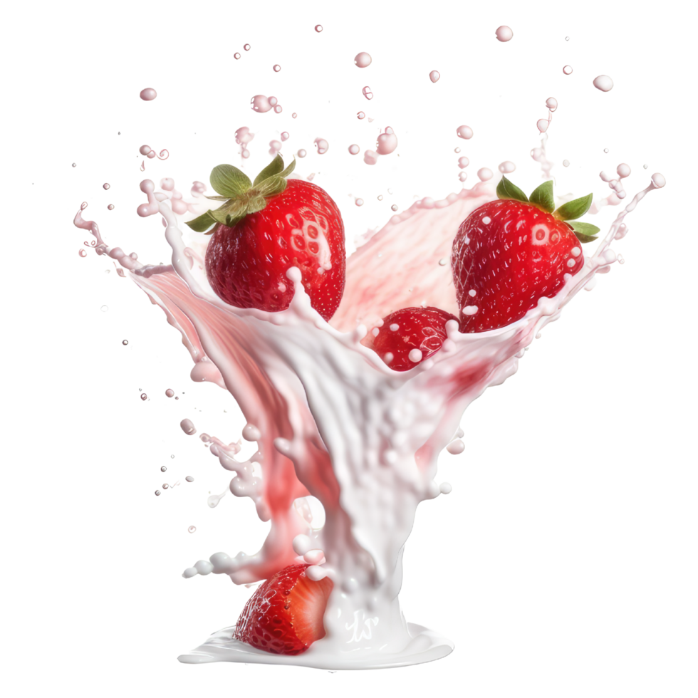 Milch Spritzen mit Erdbeeren isoliert auf transparent Hintergrund. Erdbeeren mit Spritzen bewirken isoliert png generativ ai