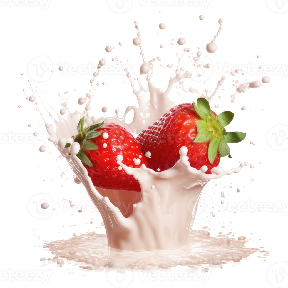 milk splash with strawberries isolated on transparent background. strawberries with splash effect isolated png