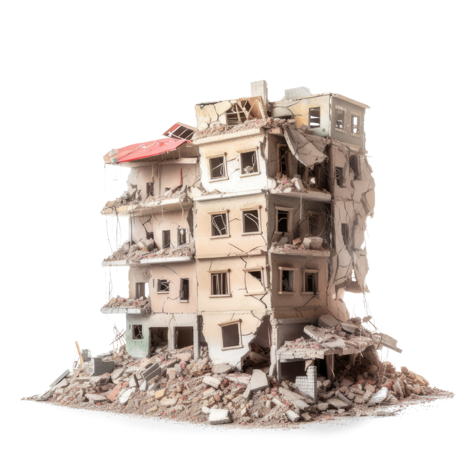 Destroyed building after earthquake isolated on transparent background - Demolished building. png