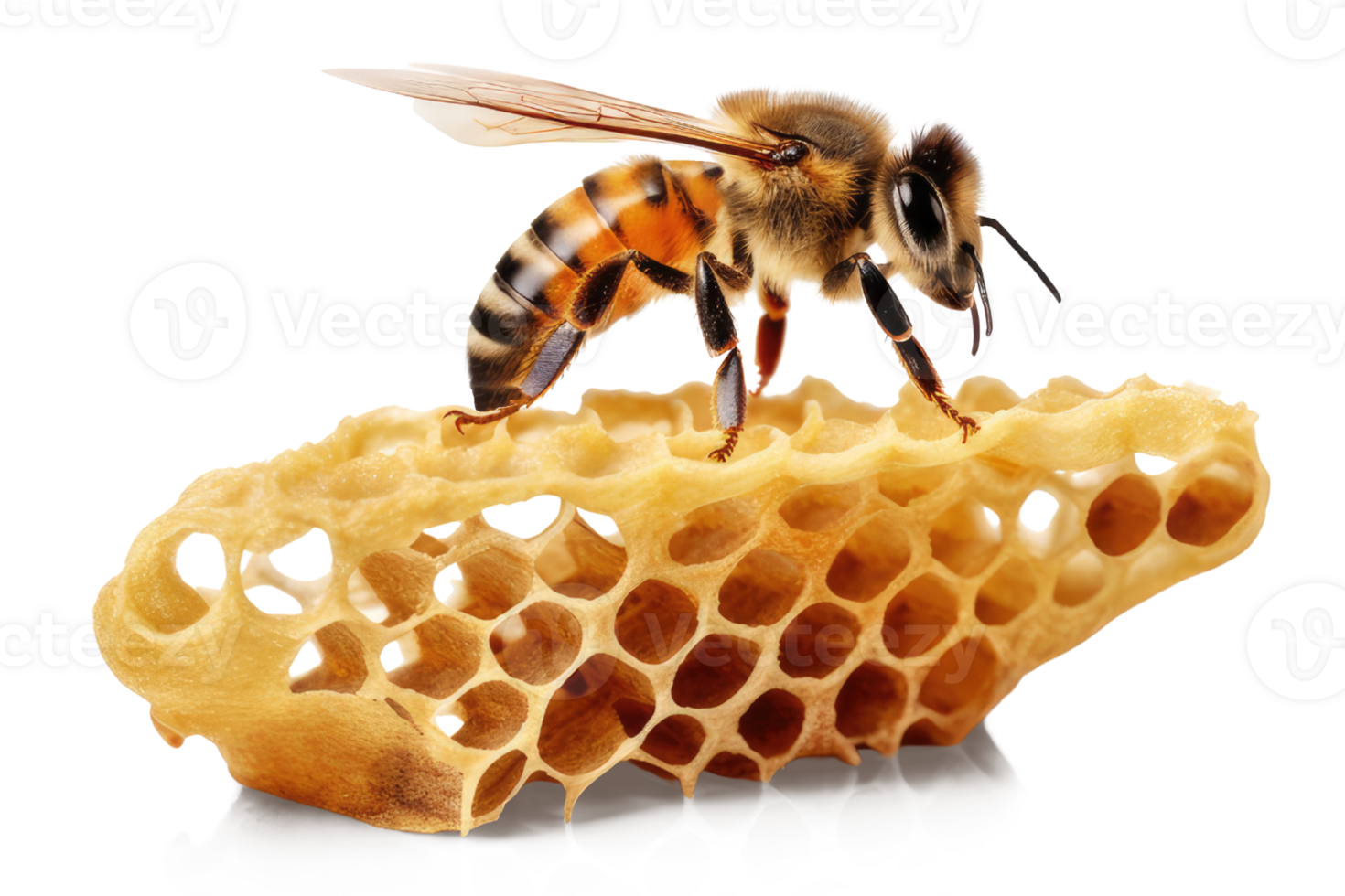 Honey bee in honeycomb on transparent background. bee walking on honey comb, background cutout, generative ai png