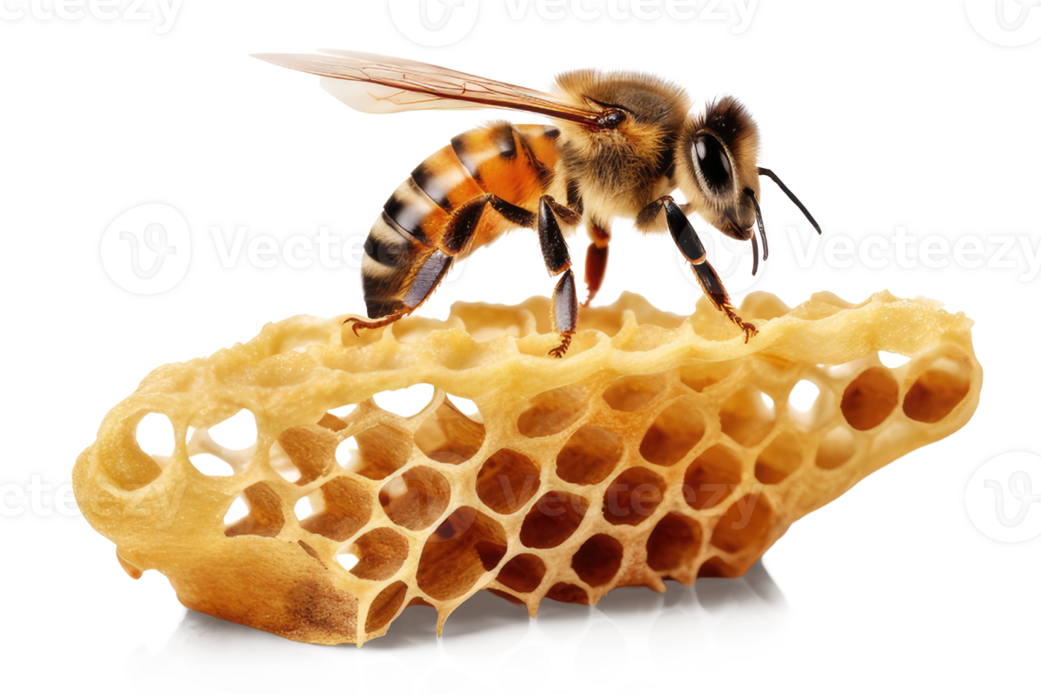 Honey bee in honeycomb on transparent background. bee walking on honey comb, background cutout, generative ai png