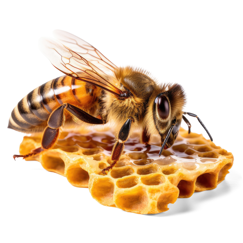 Honey bee in honeycomb on transparent background. bee walking on honey comb, background cutout, generative ai png