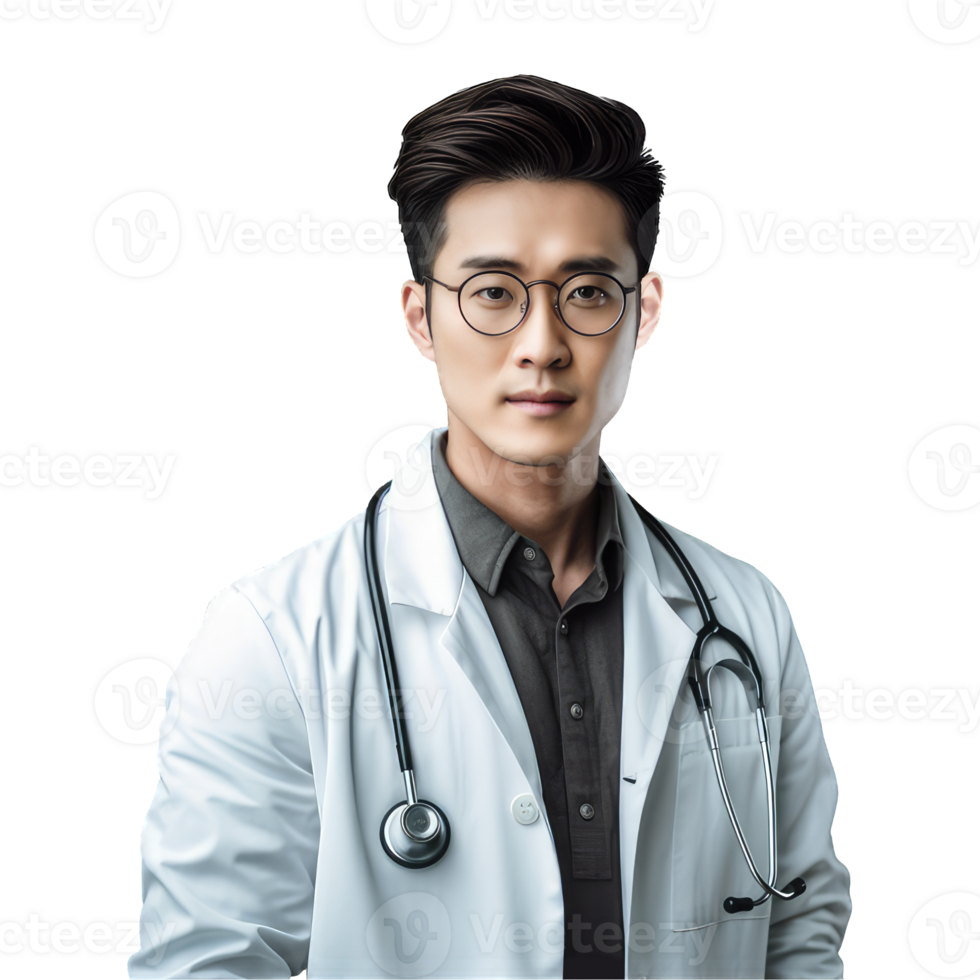 Asian handsome young male doctor in medical uniform isolated on transparent background. Confident male doctor png