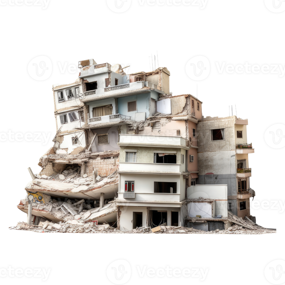 Destroyed building after earthquake isolated on transparent background - Demolished building. png