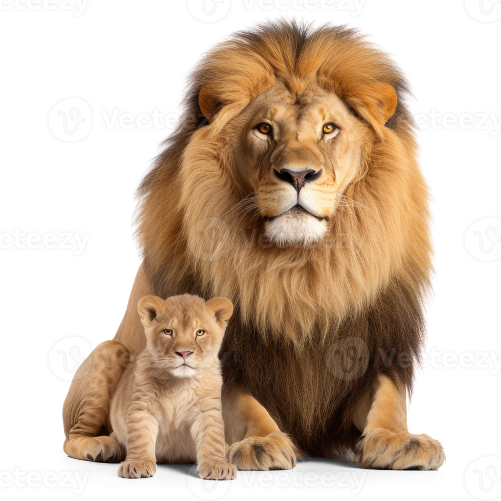 majestoso masculino leão protetoramente abraçando brincalhão filhote, isolado em transparente fundo. poderoso leão vinculo generativo ai png
