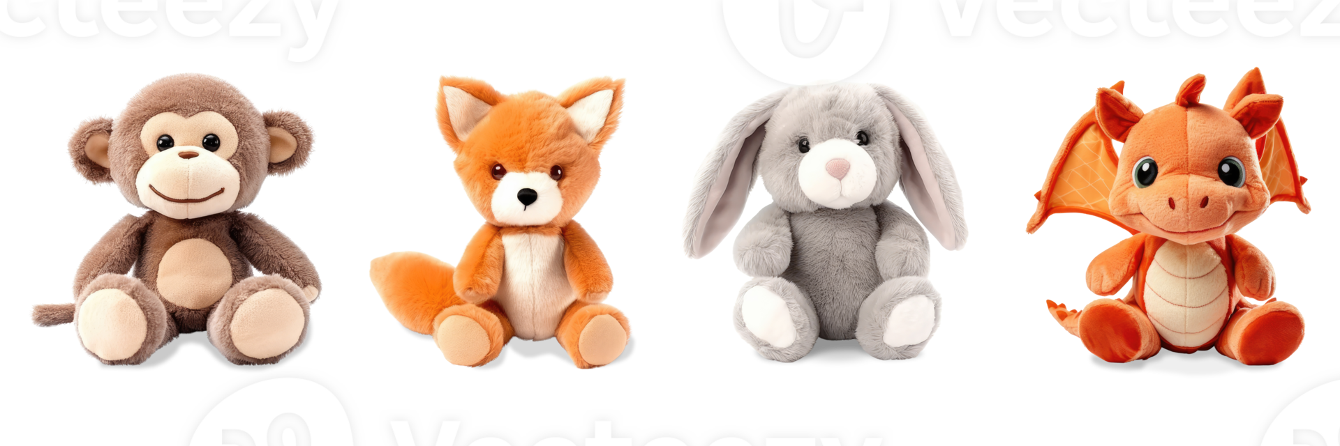 Stuffed animal toys set isolated on transparent background. Fluffy soft toys including monkey, bunny, fox, dragon toys png