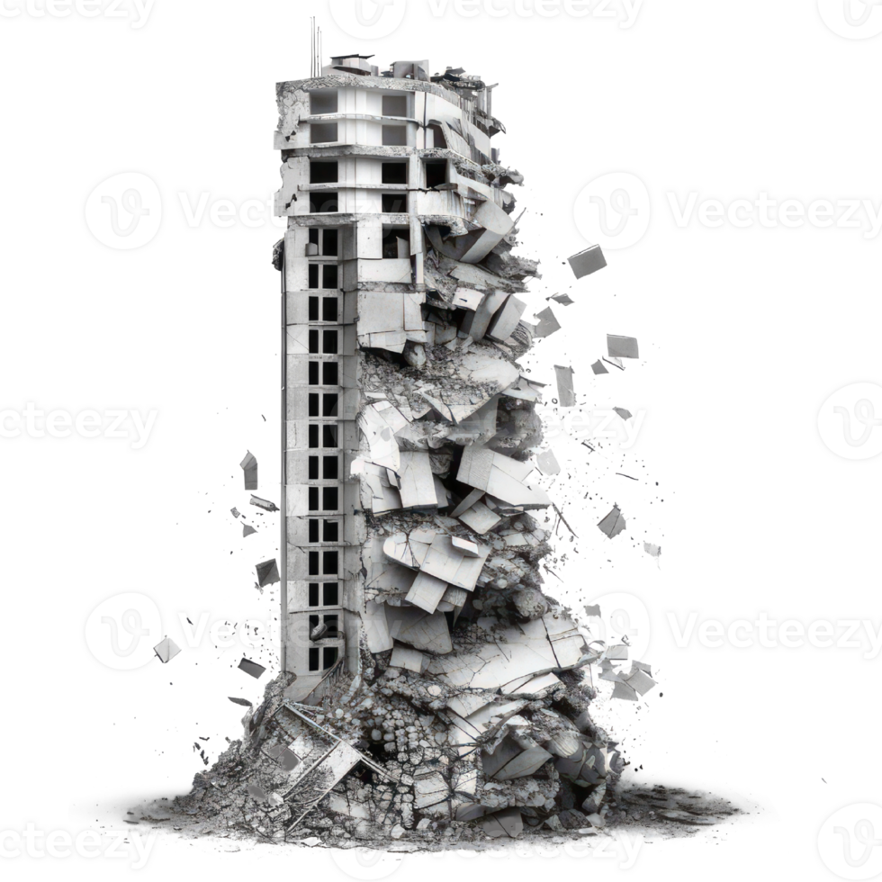 détruit gratte-ciel après tremblement de terre isolé sur transparent Contexte - génératif ai s'est effondré bâtiment avec débris png