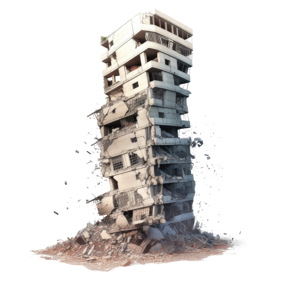 Destroyed skyscraper after earthquake isolated on transparent background - collapsed building with debris png