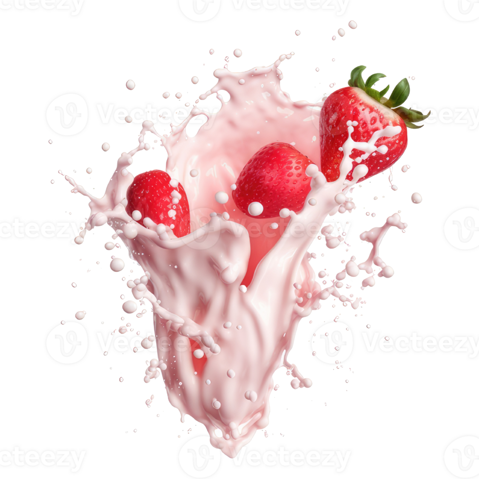 milk splash with strawberries isolated on transparent background. milky liquid splashes isolated png
