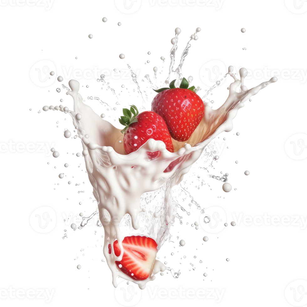 milk splash with strawberries isolated on transparent background. milky liquid splashes isolated png
