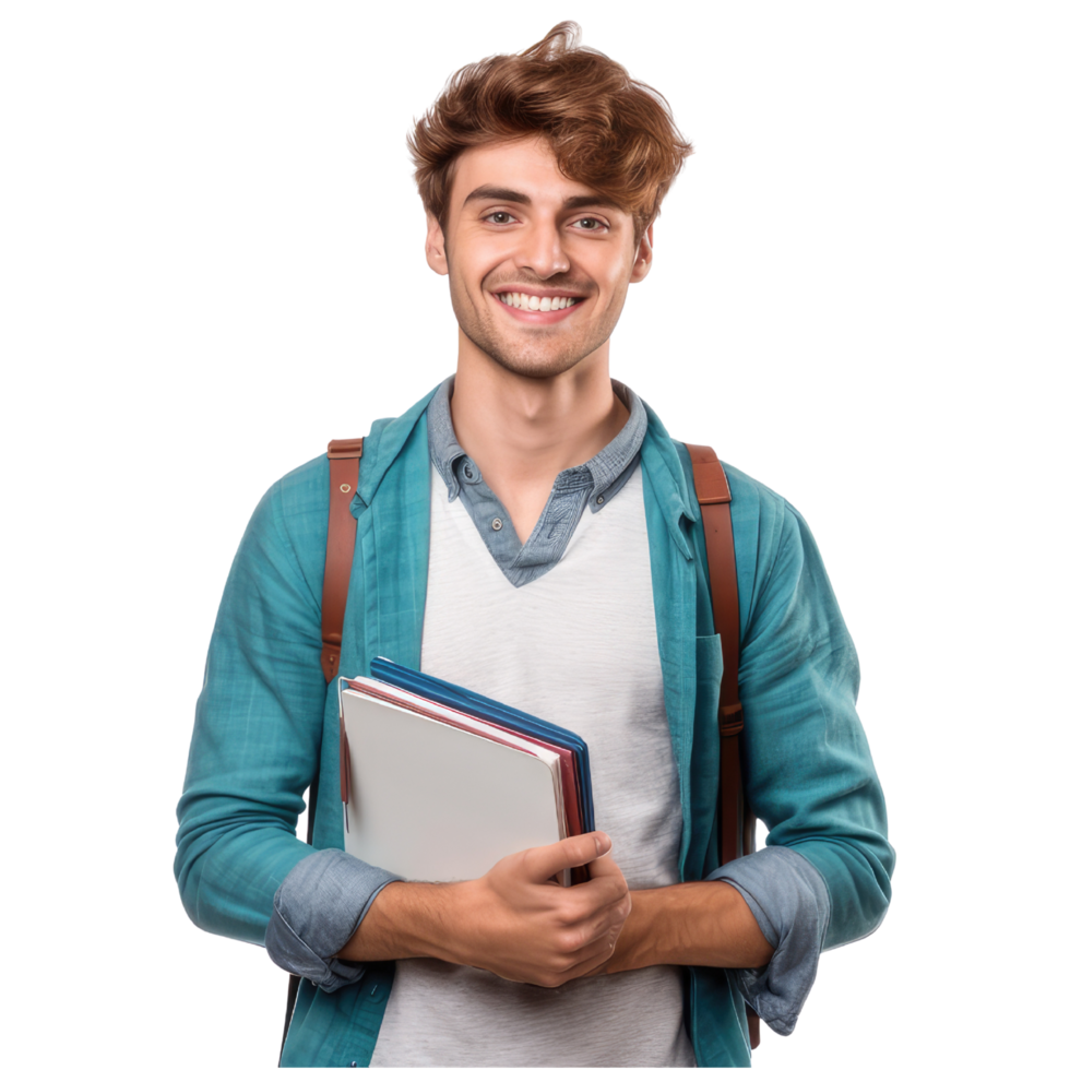 een Vrolijk, glimlachen jong college leerling met een boek in hand, geïsoleerd Aan een transparant achtergrond. generatief ai png