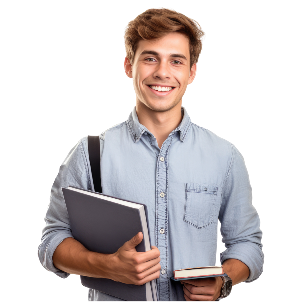 un feliz, sonriente joven Universidad estudiante con un libro en mano, aislado en un transparente antecedentes. generativo ai png