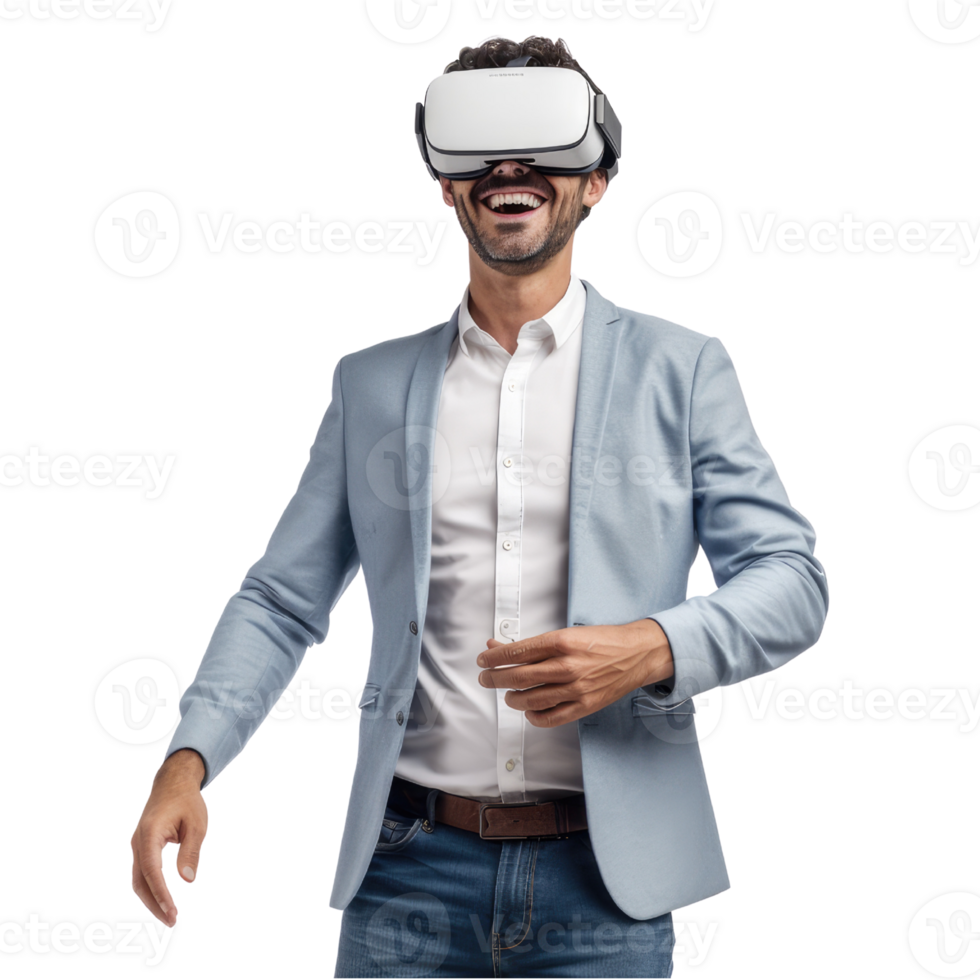 Man Wearing a VR Headset. VR virtual reality headset goggles worn by Business Man 3D isolated on transparent background. png