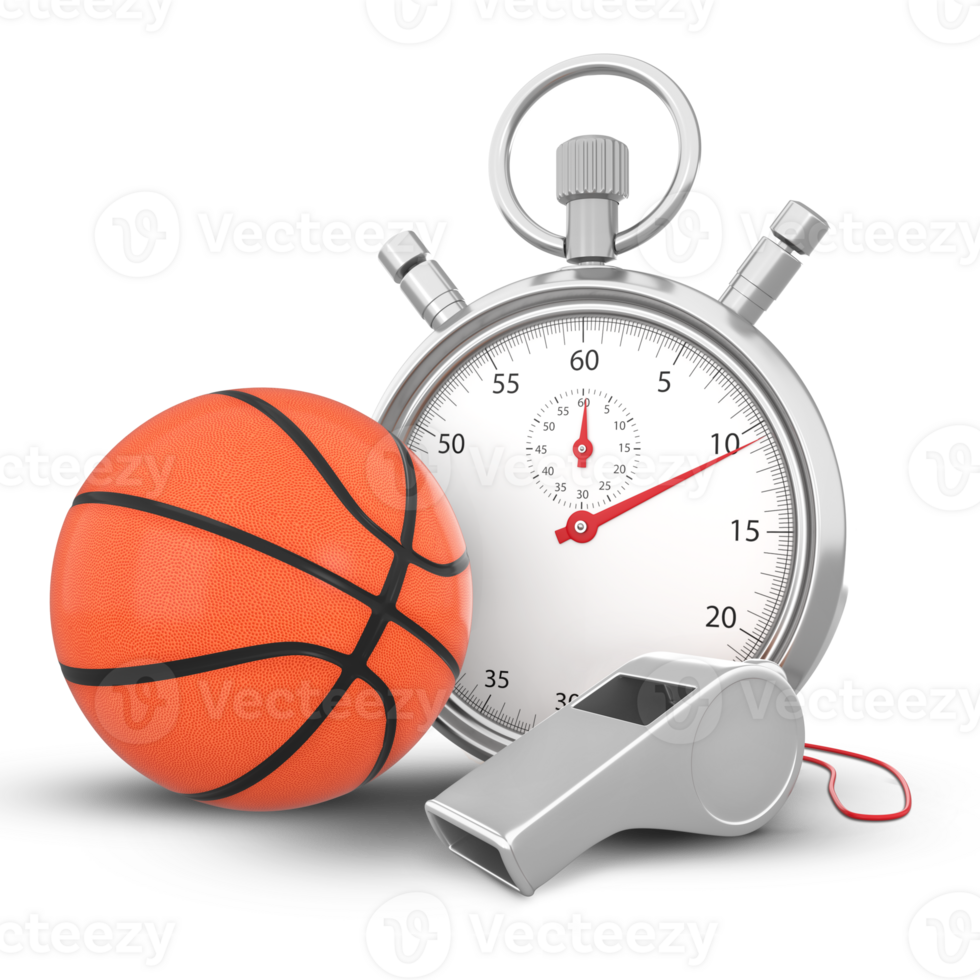 3D Rendering Basketball Ball, Silver Whistle And Stopwatch png