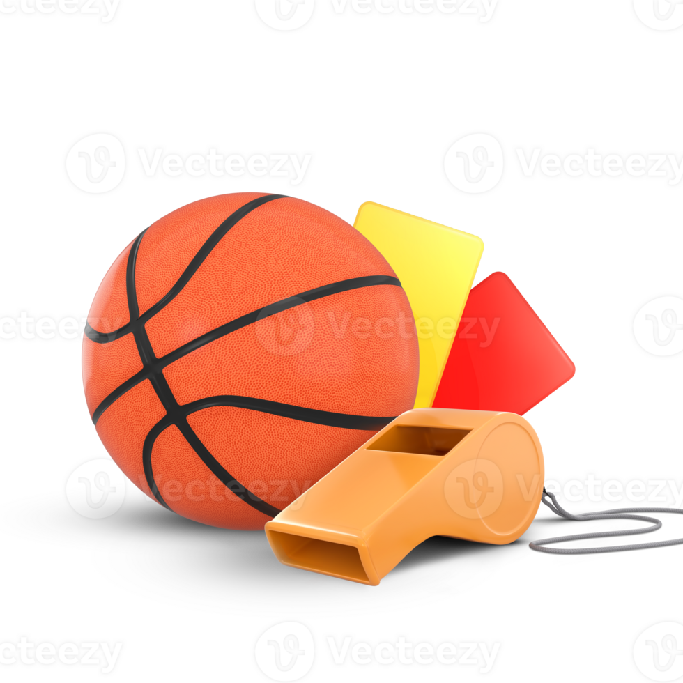 3D Rendering Basketball Ball, Whistle With Red And Yellow Cards png