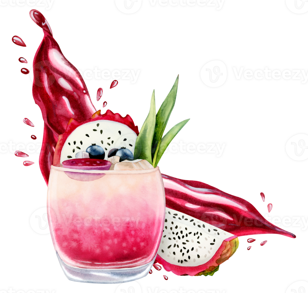 rosa Drago frutta cocktail limonata con pitaya fette e succo acquerello illustrazione. fresco estate esotico bevanda con pitaya, rinfrescante pitahaya maturo con spruzzi png