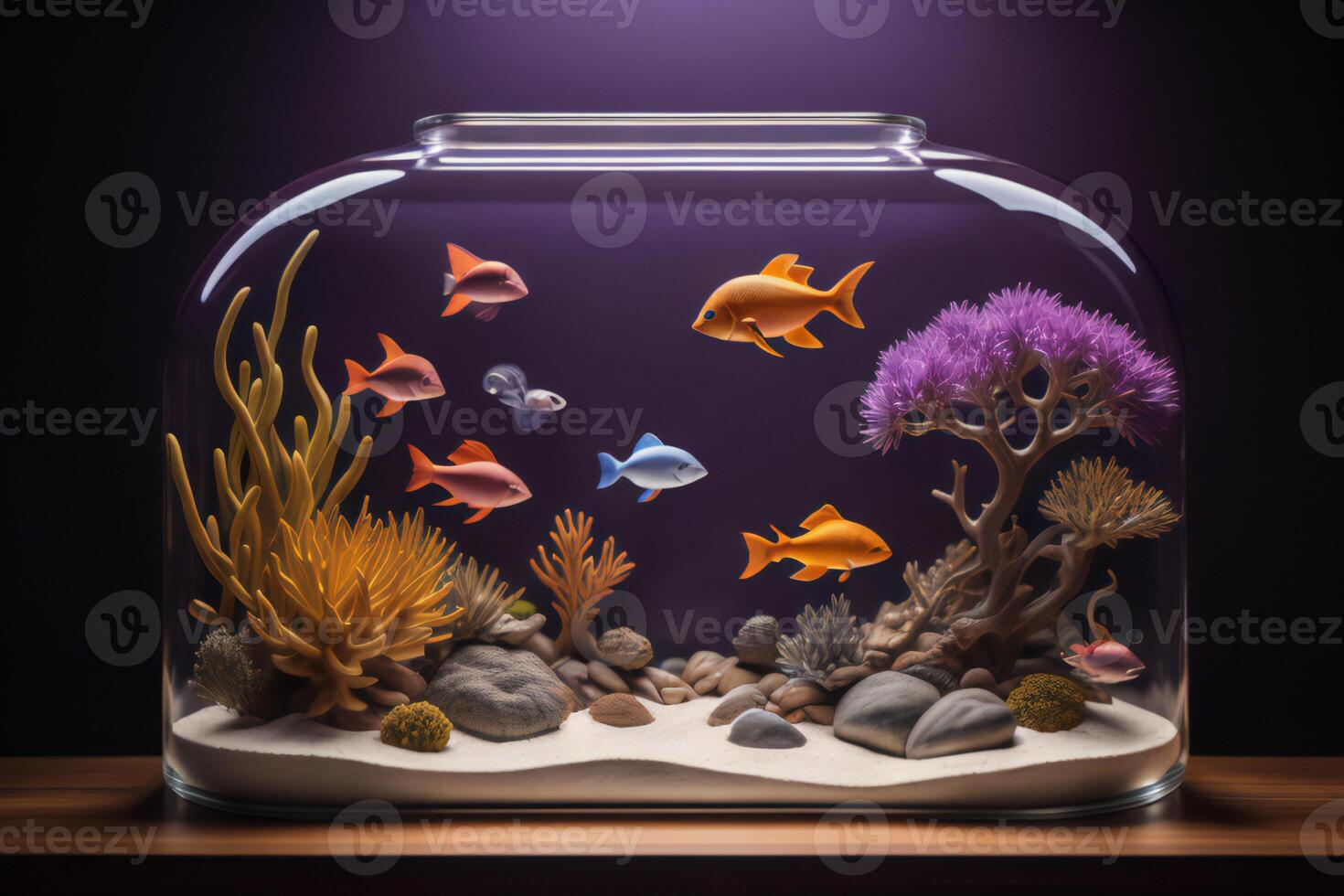 Underwater world in glass jar with corals and fish. photo