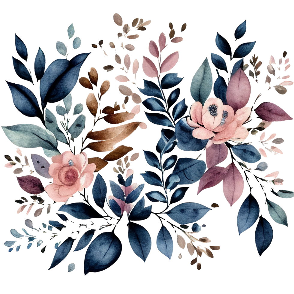 Blush and Blue Leaves Florals Watercolor 24725005 PNG