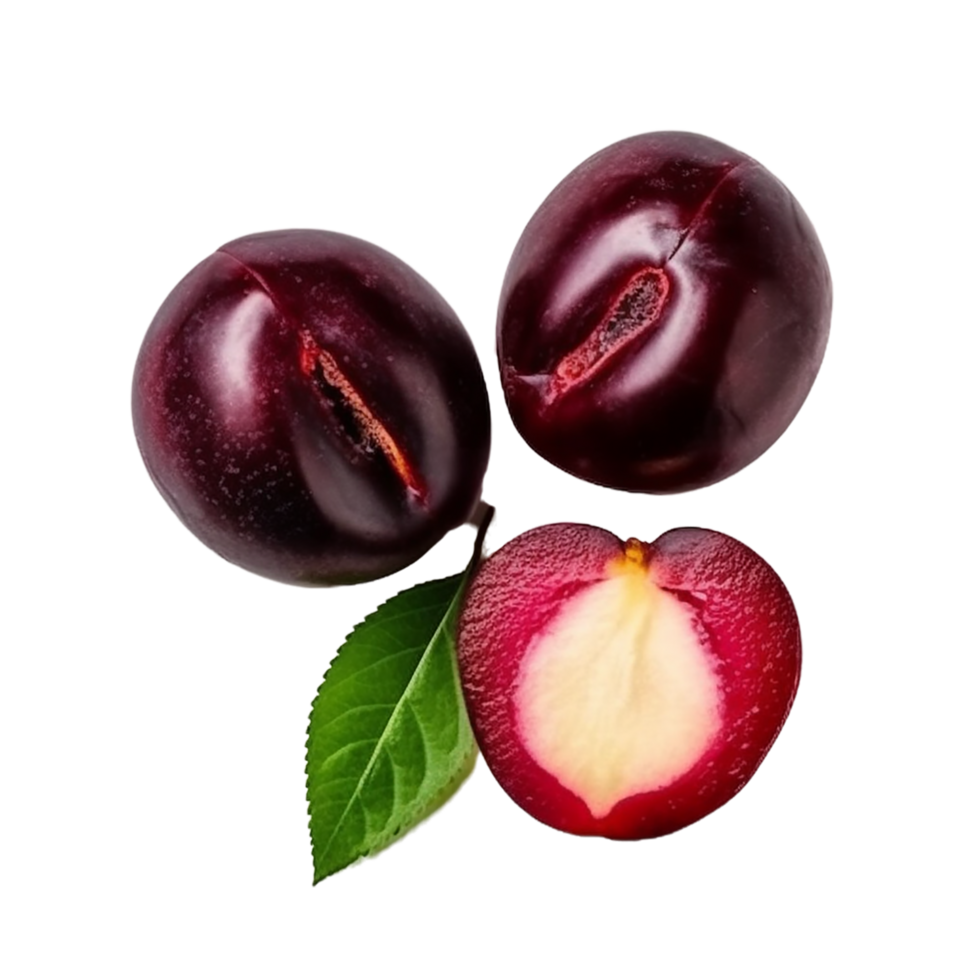Top View Of Two Plums One Full One Cut In Half With Transparent top-view-of-two-plums-one-full-one-cut-in-half-with-transparent