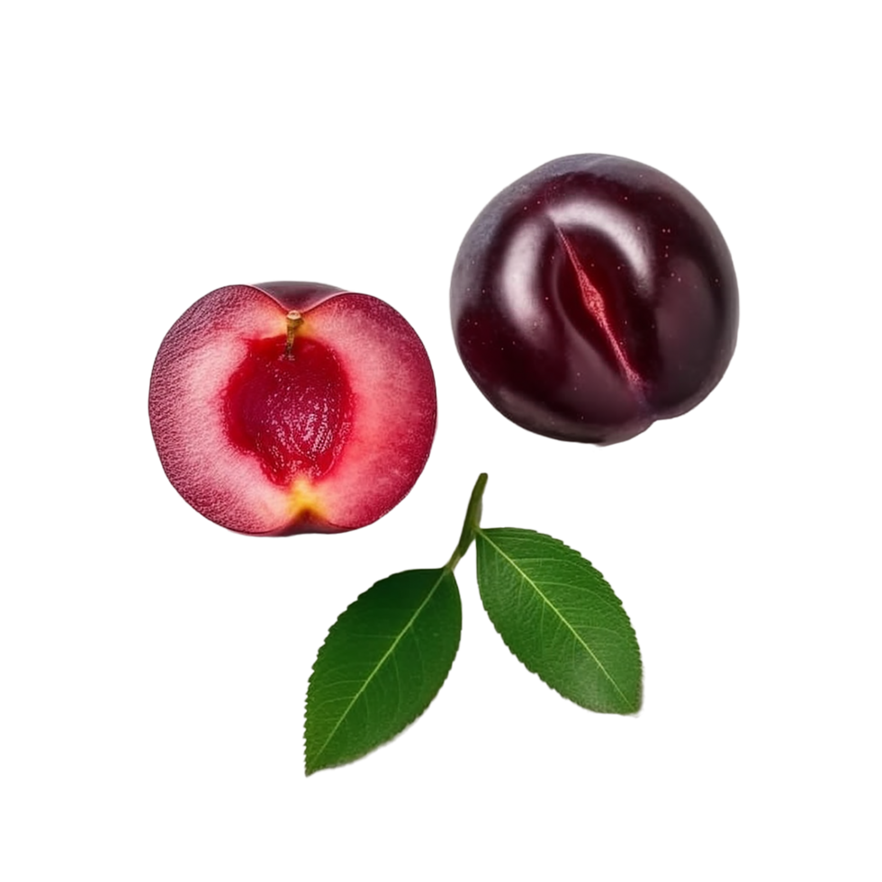 Top view of two plums one full one cut in half with transparent background png