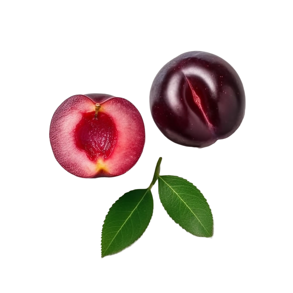 Top View Of Two Plums One Full One Cut In Half With Transparent top-view-of-two-plums-one-full-one-cut-in-half-with-transparent
