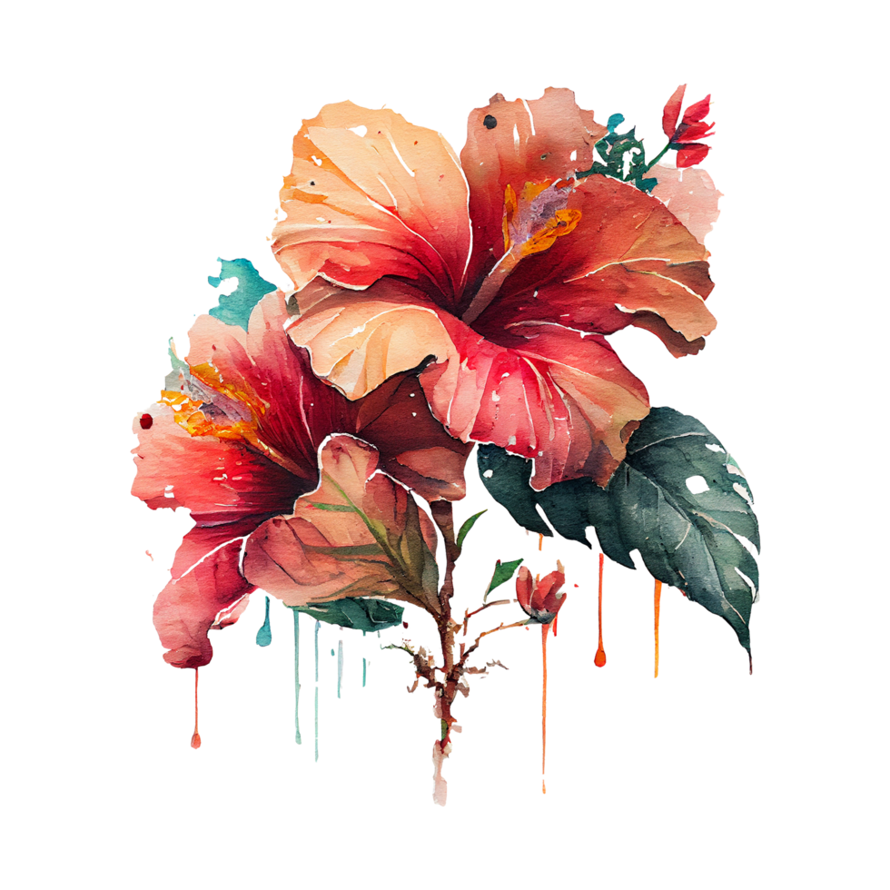 Hibiscus flowers , Hibiscus flowers watercolor painting dripping