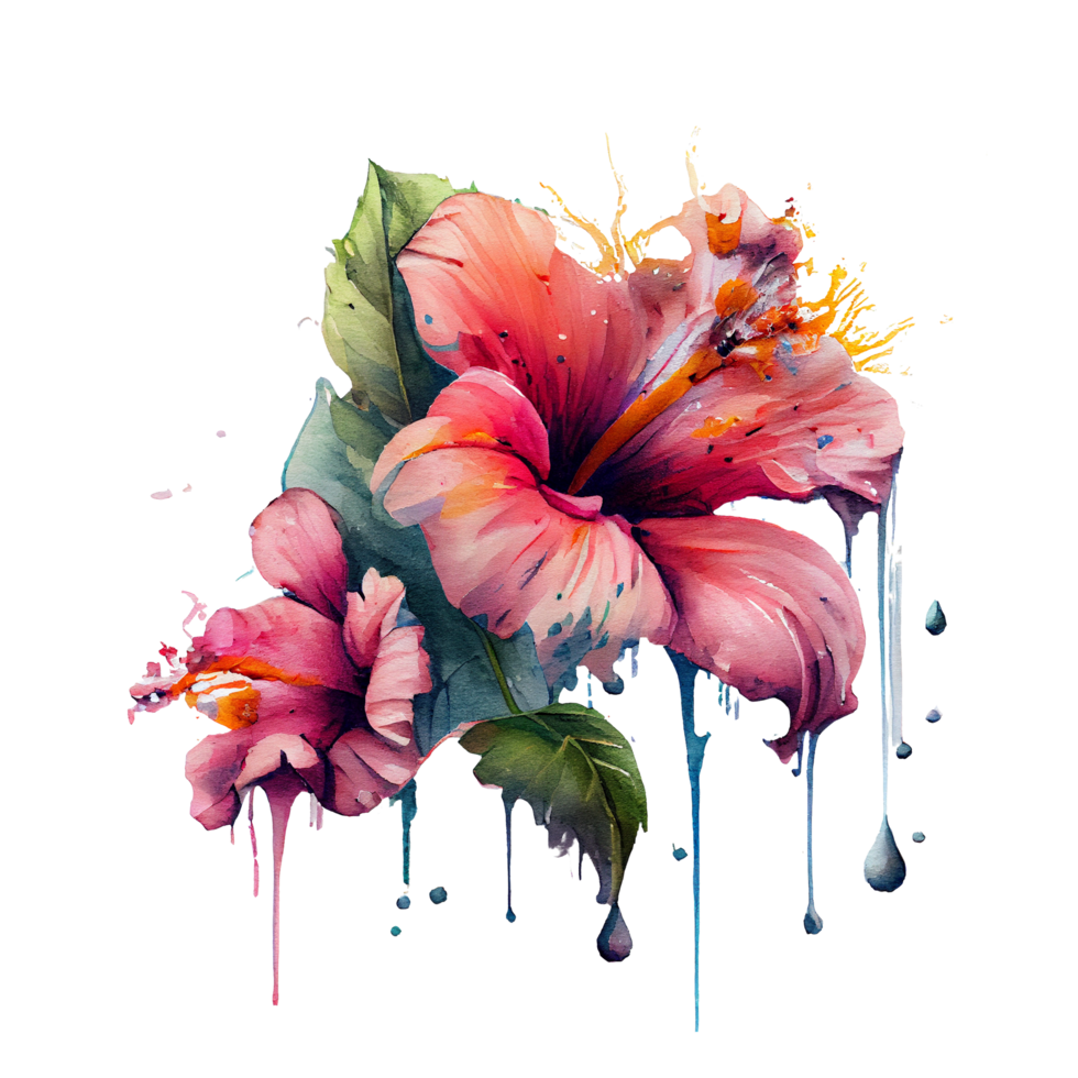 Hibiscus flowers , Hibiscus flowers watercolor painting dripping