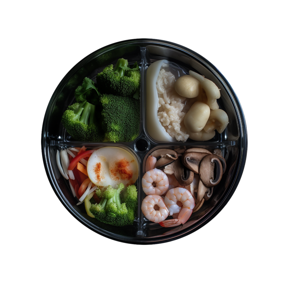 Food container , A round transparent glass container divided into food png