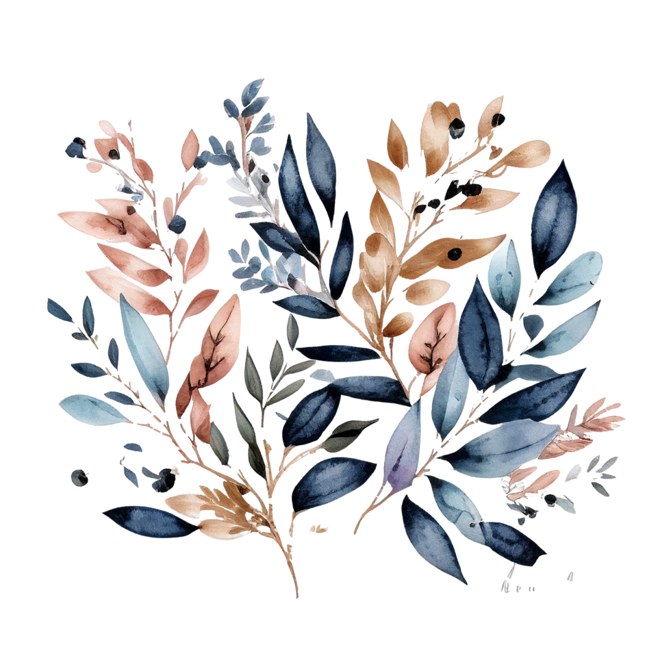 blozen en blauw bladeren bloemen waterverf ai gegenereerd png